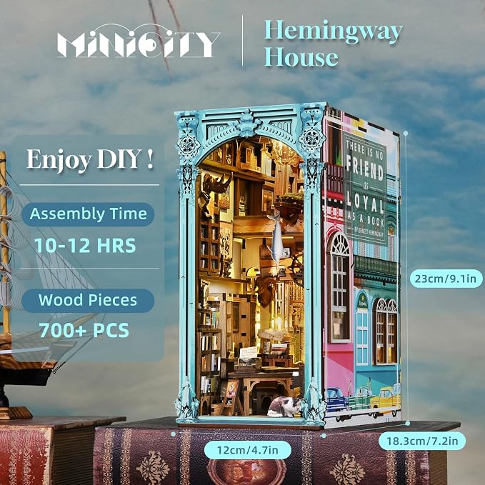 MiniCity Book Nook Kit, DIY Dollhouse Booknook, Book Nook Miniature Kit for Bookshelf Insert Decor Crafts for Adults Teen Halloween, 3D Wooden Puzzle with Led Light (Hemingway House)