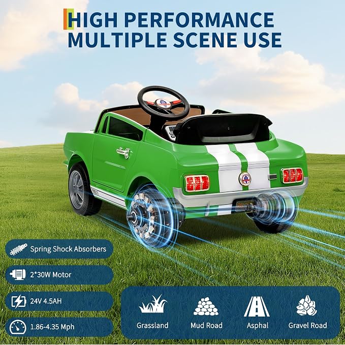 Garvee 24V 2 Seater Ride on Licensed Shelby GT350, Battery Powered Ride on Toys for Kids with Remote Control, Ford Shelby Kids Electric Vehicle 2 Seat, Safety Belt, 2 Speeds, LED Lights, Green