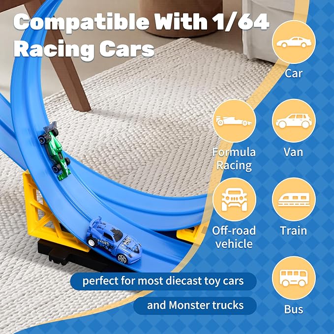 MINDNOOK 16 Ft Flexible Race Car Track Set for Kids, Portable Roll-Up Racetrack with 4 Cars & Suction Cups, Compatible with 1:64 Diecast Toy Cars, Gift for Boys & Girls Ages 4-12