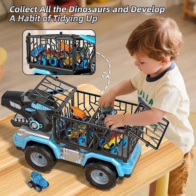 Toddler Robot Dinosaur Truck Toys for Kids Boys Ages 3-5 5-7, Black Carrier Dinosaur Truck with 5 Pull Back Dino Cars, 3 4 5 6 7 Years Old Boys Girls Birthday