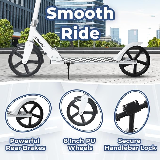 Nattork Scooter for Kids 6+, Teens & Adults - Max Load 220LB, Foldable, Lightweight, Adjustable Height, 8-Inch Wheels Kick Scooter for Boys Girls
