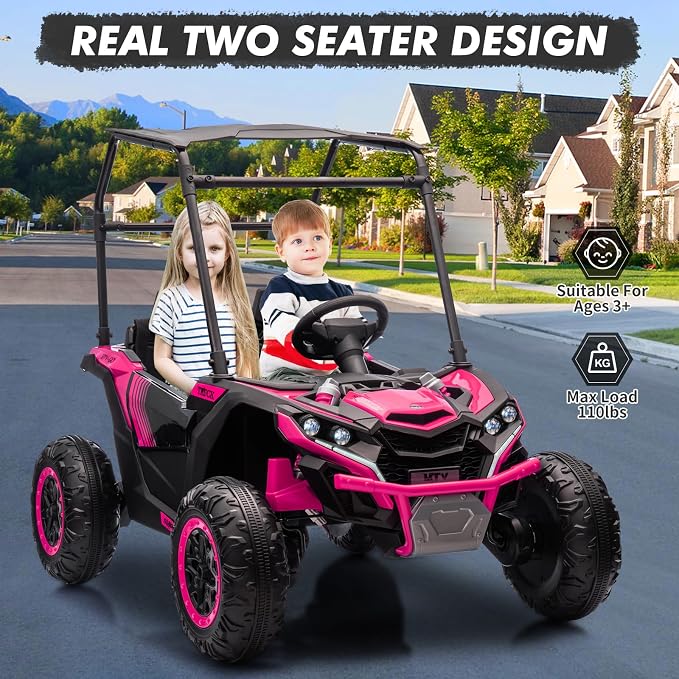 Garvee 24V 2-Seater Kids Ride on Car with Remote Control 4WD Electric Truck with Sun Shade Ride on Toy Off-Road UTV with 4-Wheel Shock Absorber, LED Lights, Music