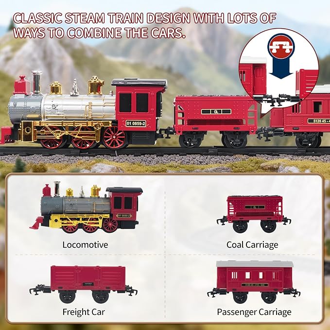 Goldlok Electric Train Set with Light & Sounds, 19 PCS Train Toys for Toddlers 3-5 & Kids 4-8, Locomotive, Passenger Car, 12 Tracks, Indoor Toy, Birthday for Boys and Girls