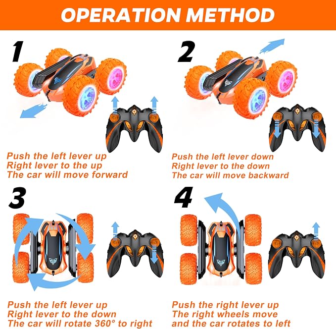Remote Control Car, 2.4GHz Electric Race Stunt Car, Double Sided 360° Rolling Rotating Rotation, LED Headlights RC 4WD High Speed Off Road Gift for 3 4 5 6 7 8-12 Year Old Boy Toys (Orange)