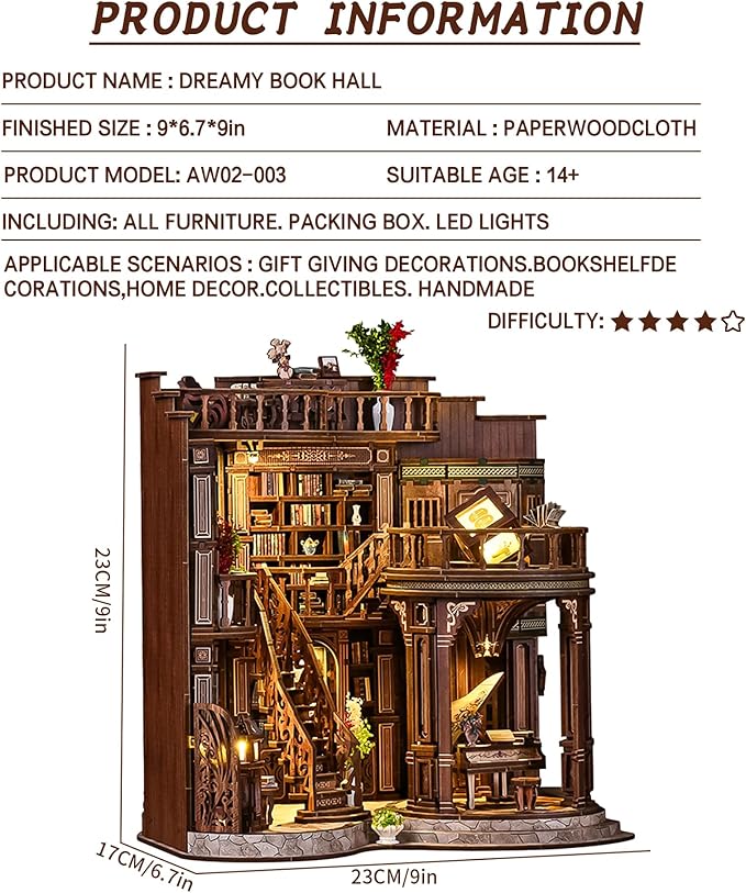 Spilay Book Nook Kit for Adults, Dreamy Book Hall DIY Miniature House Kit | With Warm LED Light, DIY Wooden Craft for Bookshelf Decor, Reading Nook Display, Book Lover Gifts & Home Decoration
