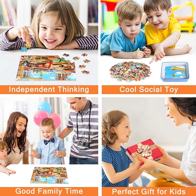 MZZOTOY Construction Site Puzzle for Kids Ages 4-8, 100 Pieces Jigsaw Puzzles for Kids Ages 3-5， Learning Educational Puzzles Toys Great Gift for Boys Girls in a Metal Box
