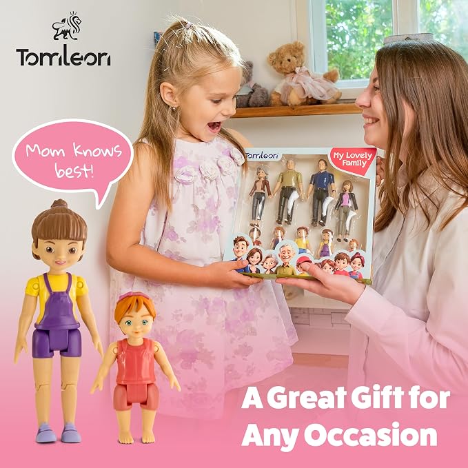 Dollhouse People, Bendable Dollhouse Family Set – 9 Poseable Figures Including Grandpa, Grandma, Mom, Dad, Sister, Brother, Cousins, and a Baby Girl – Perfect for Dollhouse Play and Imaginative Fun