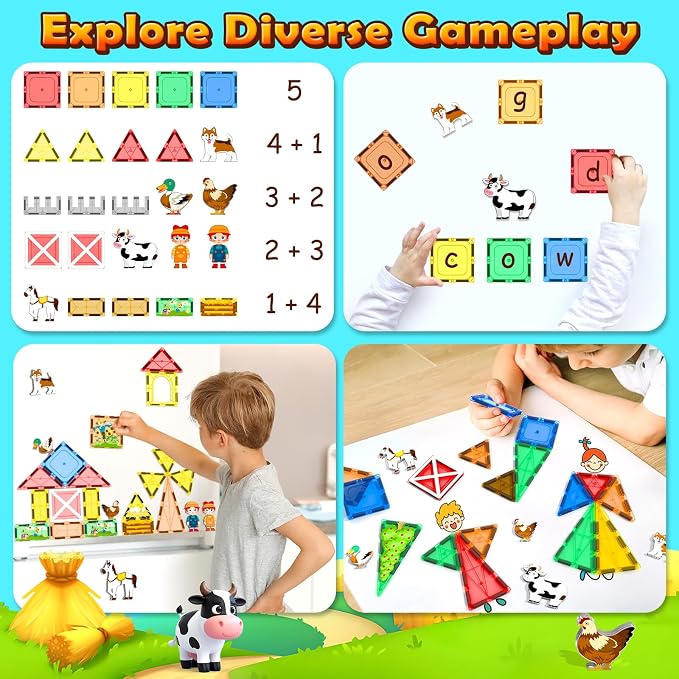 Magnetic Tiles Farm Animals Set, Immersive Storytelling Building Blocks for Toddlers 3-5, 3D Farm House STEM Toys with UV-Printed Realistic Animals, Compatible with All Major Brands