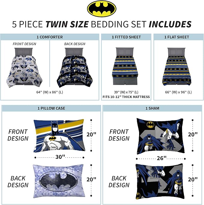 Franco Kids Bedding Super Soft Comforter and Sheet Set with Sham, 5 Piece Twin Size, Batman