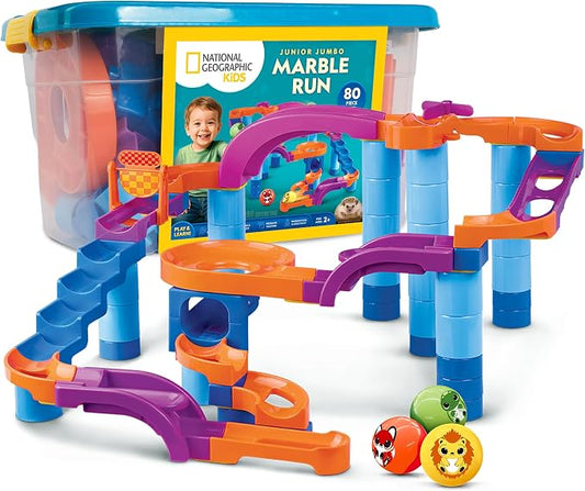 National Geographic Kids Junior Jumbo Marble Run – 80-Piece Ball Drop Toy with Storage Bin, Kid-Safe Balls & Buildable Marble Run Maze for Toddlers & Preschoolers Ages 2+