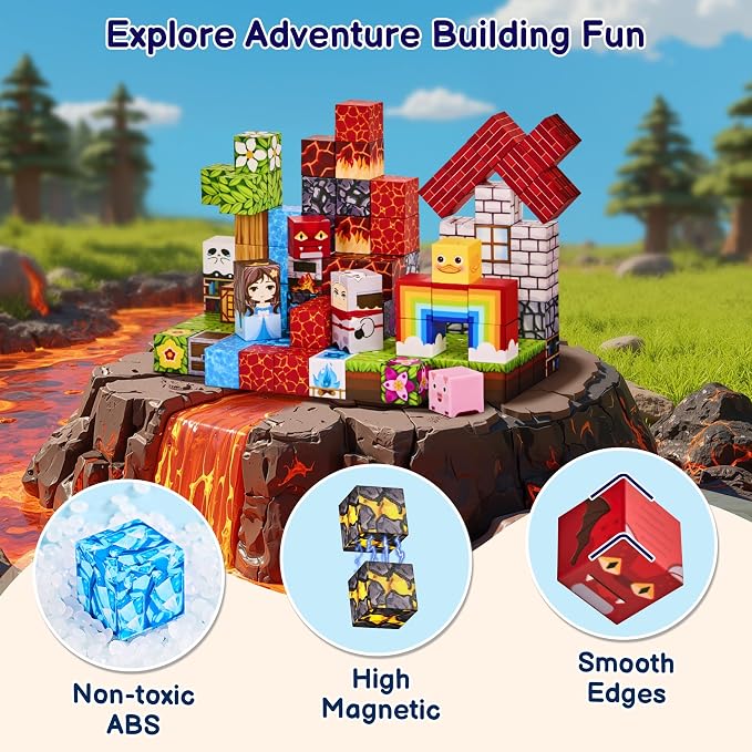 100PCS Magnetic Blocks, Magnetic Building Blocks Cubes Tiles, STEM Educational Stacking Magnets School Game Toys for Kid Ages 3 4 5 6 7 8 9 10 11 Birthday Party Supplies Gifts for Boys and Girls