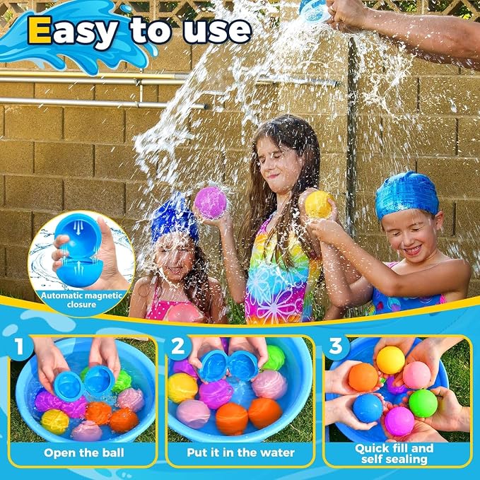 6PCS Reusable Water Balloons - Quick Fill Water Balls Toys For Toddler Age 4-8 - Refillable Self-Sealing Water Splash Bomb For Summer Party Pool Outdoor Beach Toys for kids Age 8-12