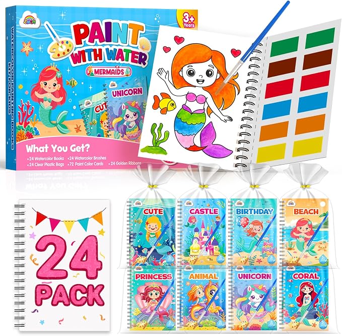 ZMLM 24 Water Coloring Books for Kids Party Favors - Bulk Mini Coloring Books for Kids Ages 4-8,Small Birthday Goodie Bag Stuffers School Teacher Return Gift Art Crafts Classroom Prizes (Mermaid)