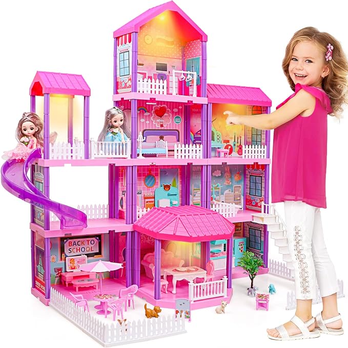beefunni Doll House, Dollhouse for Girls, Doll Houses with 4 Stories-11 Rooms, 2 Dolls, Furniture Accessories and Lights, Princess Dollhouse 2026 Christmas Toy Gifts for 3 4 5 6 7 8+ Year Old Girls