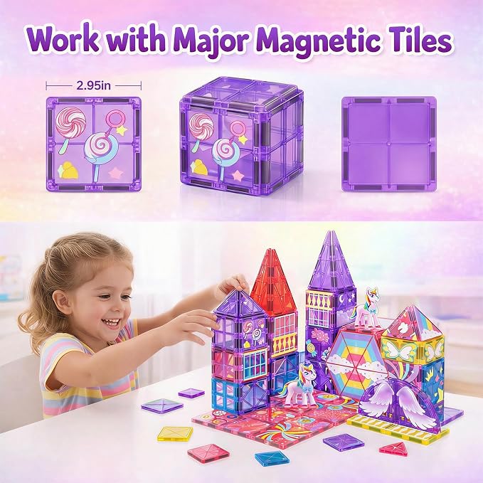 COSILY Unicorn Magnetic Tiles for Kids, Rich Colors Magnetic Building Blocks, STEM Educational Construction Sensory Toys, Unicorn Magnetic Tiles Birthday Gifts for Girls Ages 3 4 5 6 7 8+