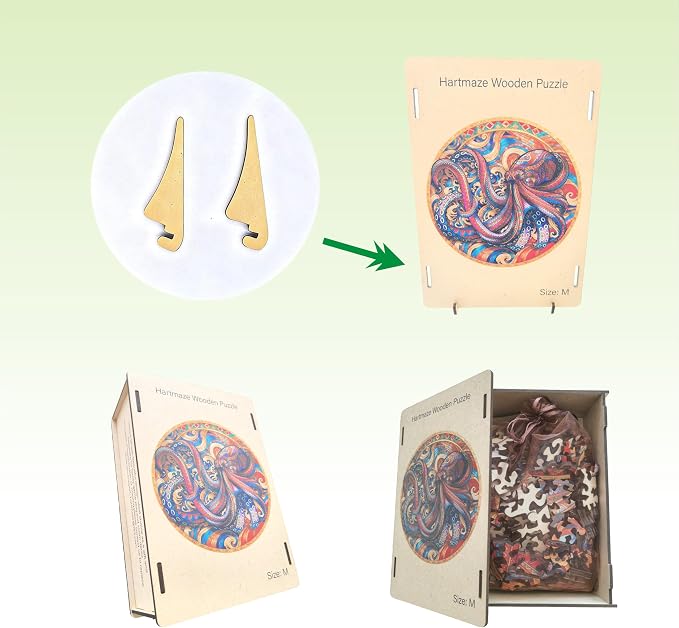 Hartmaze Octopus Riding Wave Wooden Puzzle, 178 Unique Irregular Pieces, 11.2x11.2 Inch, Exquisite Wooden Gift Box, Ocean Art Jigsaw for Adults & Kids 8+