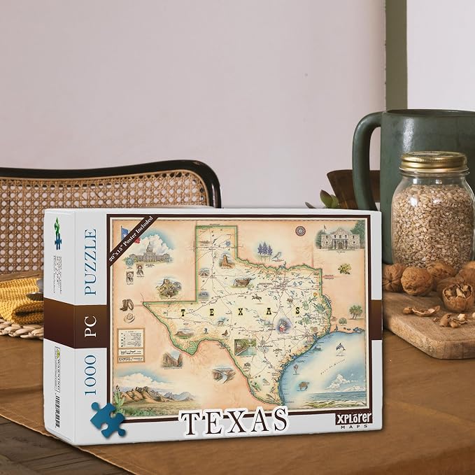 Texas State Map Cardboard Jigsaw Puzzle - 1000 Pieces, Hand-Illustrated - Educational, Family Activity, Ages 7+, Includes Poster - 25.4 x 19.8
