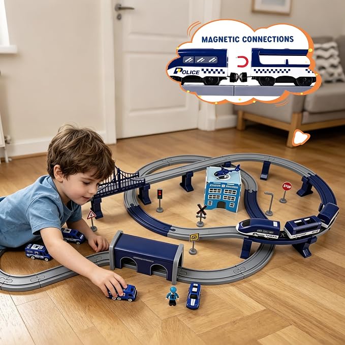 Wdmiya Train Set for Toddlers, 92 Pcs Train Toys for Kids Ages 3-8, Electric Trains Sets with Tracks (Magnetic Connection), Battery Operated Trains Birthday Gift for 3 4 5 6 7 8 (Police 92 Pcs)