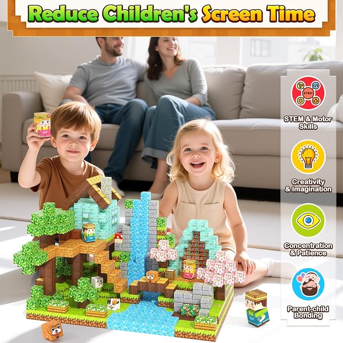 Gooidea 200 Magnetic Blocks Magnetic Building Blocks, Mine Magnet World Building Crafts, Sensory Toys Learning Game, for Kids Ages 3-5 5-7 8-12 Year Old - Garden Wonderland Playset