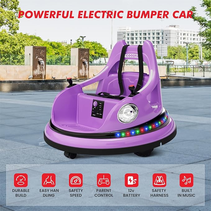 Bumper Car for Kids, 12V Ride on Bumper Car for Toddler with Remote Control, 2-Speed, 2 Driving Modes, 360°Spin, Anti-Collision Padding, Lights, Music, Electric Bumping Car for Children 1.5-6, Purple
