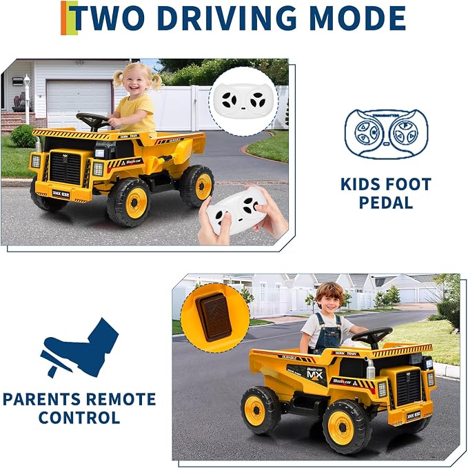 Garvee 12V Ride On Dump Truck for Kids, Ride On Car with Remote Control, Construction Vehicles with Dump Bed & Shovel, Ride-On Toys 16.5 in Spacious Seat, Music, Headlights, Soft Start, Yellow