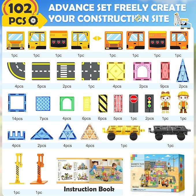 Soyee 102 PCS Magnetic Tiles with 2 Cars & 2 Cranes Magnet Construction Building Kids Toys for Creative Play and STEM Learning Boys Toys & Gifts for 3-12