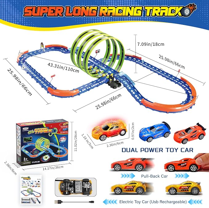 Glow Toy Car Race Track Set, 71 Pcs Glow-in-The-Dark Tracks for Kids Ages 3-8, Electric Speed Car Light-Up Whole Slot Track, Track-Building with 360° Magic 3 Loops, 1:64 Scale Vehicle, Boys Girls Gift