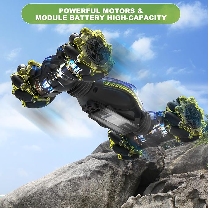 Gesture RC Car,1:24 4WD Transform Off-Road Stunt Car with Gesture & Remote Control, 360° Flips Drift Vehicle with LED Lights Music, All Terrain Toy Cars Gifts for Boys Girls Age 6-12