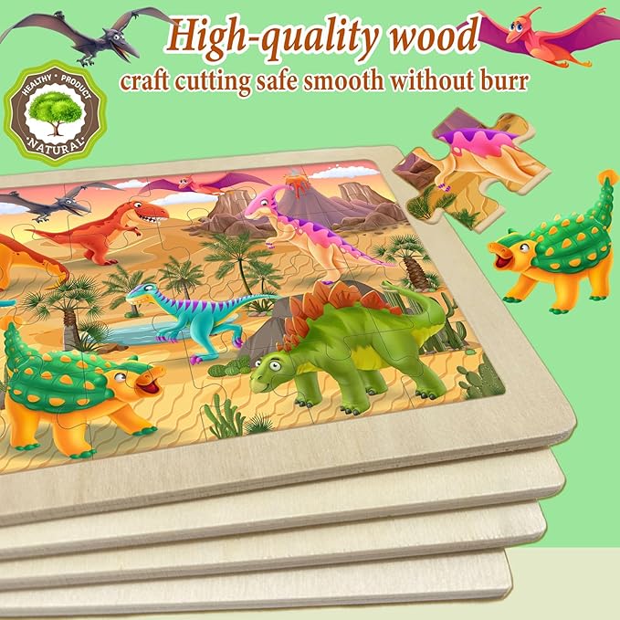 Wooden Puzzles for Kids Ages 4-6, 4 Pack 24 Pcs Toddler Puzzles Set for Ages 3-5, Early Educational Brain Teaser Toys Gift for Boys Girls 3 4 5 6 7 8 (Dinosaur, Space, Animal, Farm)