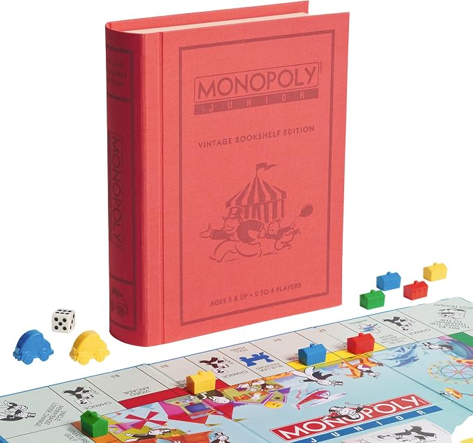 WS Game Company Monopoly Junior Vintage Bookshelf Edition: Linen Fabric-Wrapped Book Case — Classic Monopoly Jr. Board Game for Family Game Night (2-4 Players, Ages 5+)