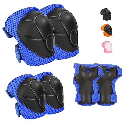 Kids Protective Gear Set - Knee Pads Elbow Pads with Wrist Guards for Ages 3-12 | 3-in-1 Safety Protective Gear for Skating, Cycling, Biking, Roller Skates, Scooters (Blue, ‎M(8-12Years))
