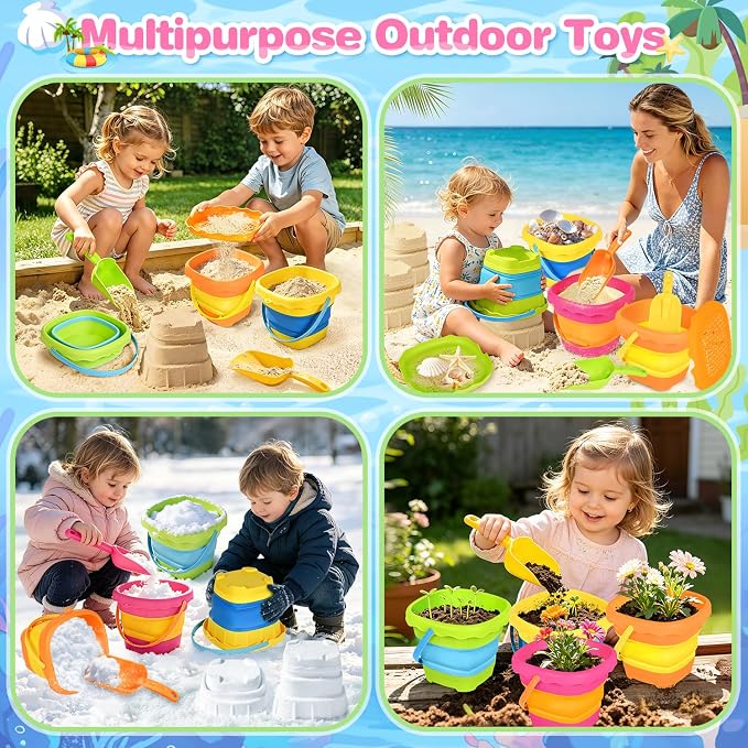 OCHIDO 4 Pack Beach Sand Toys for Kids, Travel Beach Toys with 4 Collapsible Beach Bucket, Sifter, Shovel & Storage Mesh Bag, Summer Outdoor Sandbox Toys for Boys Girls 3 4 5 6 7 8 9 10 Year Old