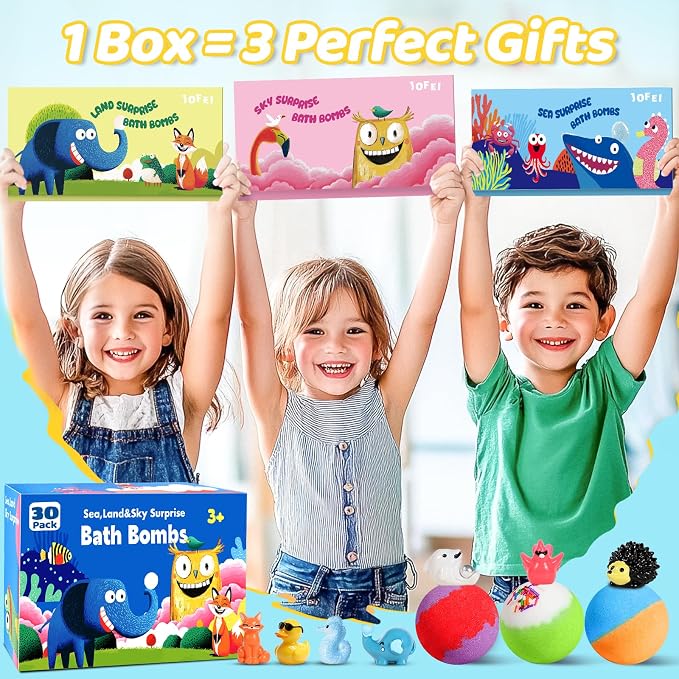 30 Pack Bath Bombs for Kids with Toys Inside, Kids Bath Bombs Gift Set with 30 Sea & Land & Sky Animal Surprise Toy, Child-Safe Natural Bubble Bath Toys, Birthday Gifts for Kids Boys Girls