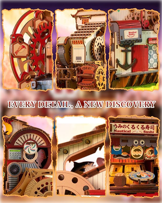 Nautical Sushi 3D Puzzles for Adults, 425PCS Wooden Mechanical Model Building Kit with Music and Lights, Miniature House Kit, Unique Home Decor Craft Gifts for Christmas Birthday Father's Day