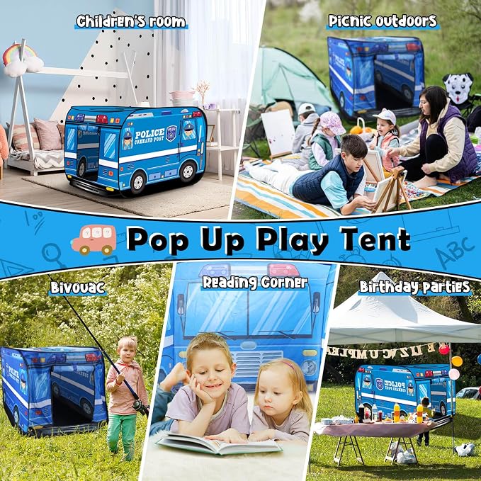 Pop Up Play Tent for Kids Aged 3-5 Years Old Boys and Girls : Police Car Playhouse Toy Play Tents for Toddlers 3-5 Kids Tent Indoor Outdoor Playhouse Toys for 3 + Year Old, Police Car