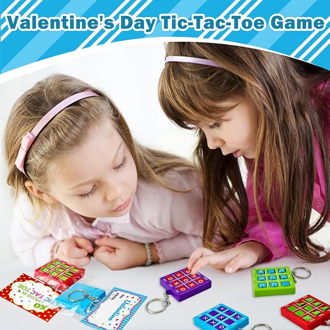 Valentines Day Cards Gifts for Kids School Classroom - 28 Pack, Valentine Exchange Card with Tic Tac Toe Game Keychain for Toddler Boys Girls, Party Favors Non Candy Treat Goodie Bag Stuffer Toy Prize