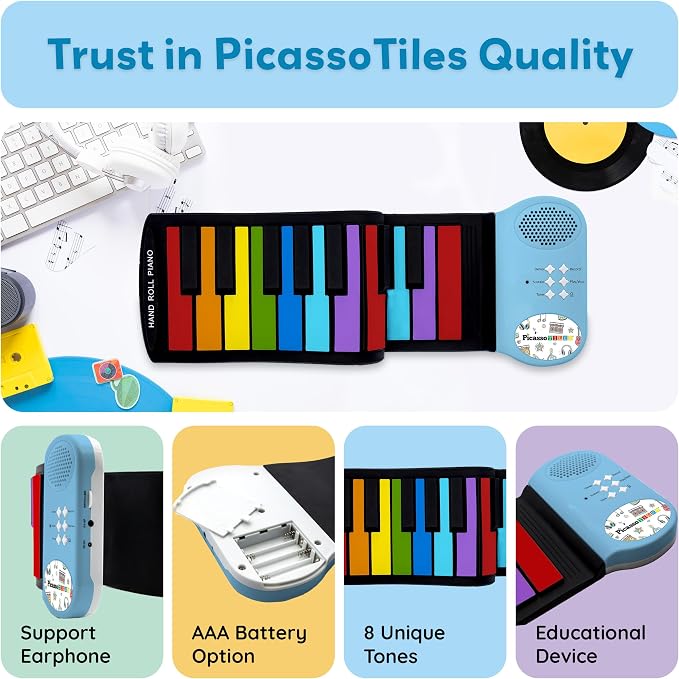 PicassoTiles Electronic Piano 49Key Flexible Roll-Up Keyboard with Recording Feature 8 Tones 6 Demo Songs Built-in Speaker Educational Music Toy for Kids Toddlers Boys Girls Rainbow Color Design PT49