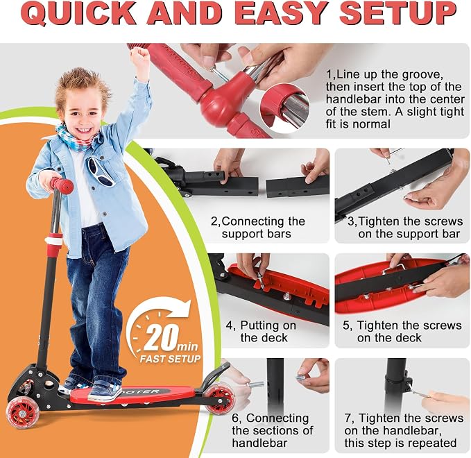 Scooters for Kids 6-8 8-12, Folding 3 Lighted Wheels Kick Scooter,3 Adjustable Height Handlebars, Lean-to-Steer,Widen Anti-Slip Deck, Heavy Duty Scooter for Boys Girls Ages 6-12,up to 170 Lbs