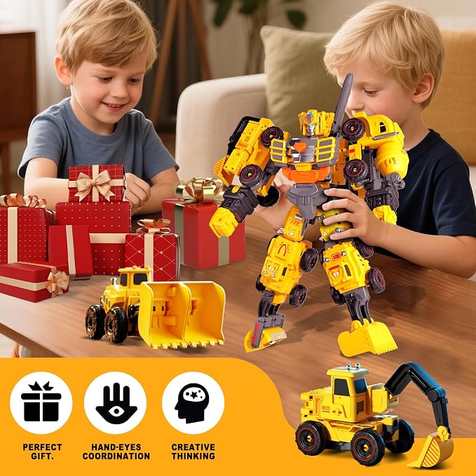 5-in-1 Transforming Construction Trucks Toys for Boys 3-6, STEM Building Vehicles Action Figures with Weapons for Child Age 4-7 – Toddler Robot Car Playset for Kids Birthday Gift