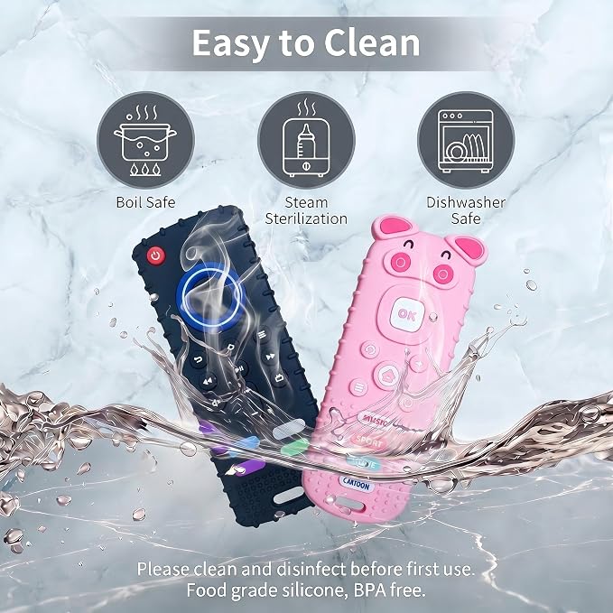 SOLIFEGOBLE 2 Pack Silicone Teething Toys, Cute Pig-Shaped Remote Control Style Teethers for Babies 6-18 18-24 Months, BPA-Free Soft Chew Toys for Teething Relief (Black+Pink)