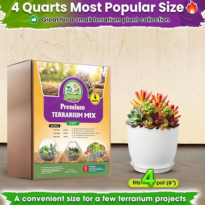 DUSPRO Premium 6in1 Terrarium Soil Mix – Pre-Mixed Terrarium Substrate Mix for Terrariums, Balanced Moisture Growing Medium with Coco Coir, Peat Moss, Pine Bark, Perlite, Pumice & Zeolite 4QRT