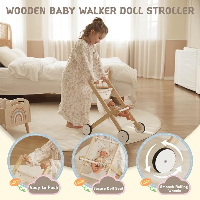 Freniland Wooden Baby Doll Stroller, Toddler Push Walker Toy, Doll Push Cart for Boys & Girls, Learning to Walk & Pretend Play Toy 18M+