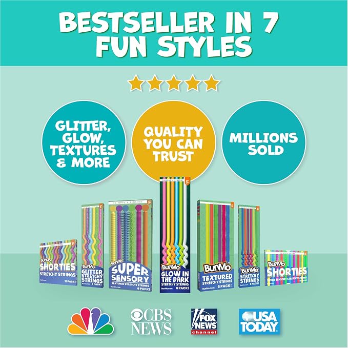 BUNMO Sensory Toys Stretchy Strings for Toddlers 3+ - Stimulating & Addictive Fidget Toys for Kids - Hours of Fun for Kids - Non-Mouthable Toy 3+ - Glow 6 Pack