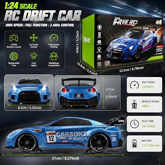 HTURCCOP 1:24 RC Drift 2.4GHz with LED Light Race Car Toys for Boys and Girls Aged 6+ Speed Adjustable up to 23Km/H, High-Speed RC Racing Cars Toy Gift for Boys & Girls (Blue)
