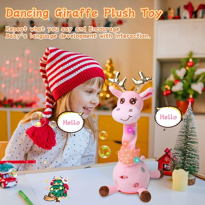 LUKETURE Dancing Talking Singing Pink Giraffe Stuffed Plush with Golden Antlers,Interactive Stuffed Animal Toy, Musical Plush with Record & Repeat, Sings 10 Songs, LED Lights