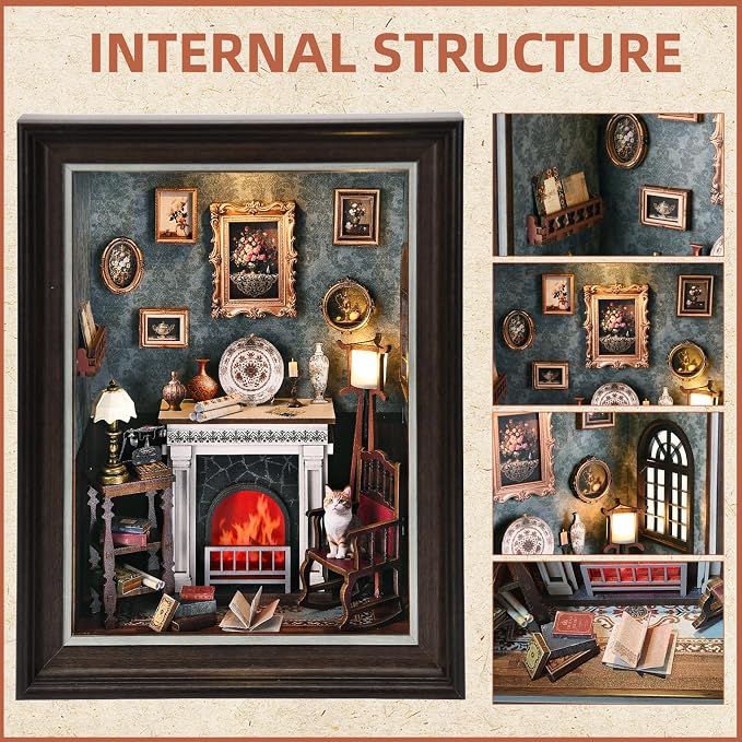 Book Nook Kit - 3D Wooden Puzzle with LED Switch Control & Wall-Mountable Frame,DIY Miniature House for Beginners,Bookshelf/Tabletop/Wall Decor for Craft Lovers,Dollhouse Gift,Fireplace