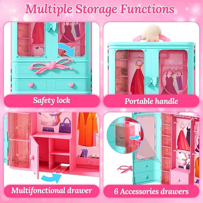 Style Shine 70 Pcs Doll Closet with Clothes & Accessories Set,2 Wedding Gowns 6 Fashion Dresses 2 Casual Outfits 2 Swimsuit 10 Shoes 20 Hanger 27 Accessories,Dress up Toys for Girls Kids Gift