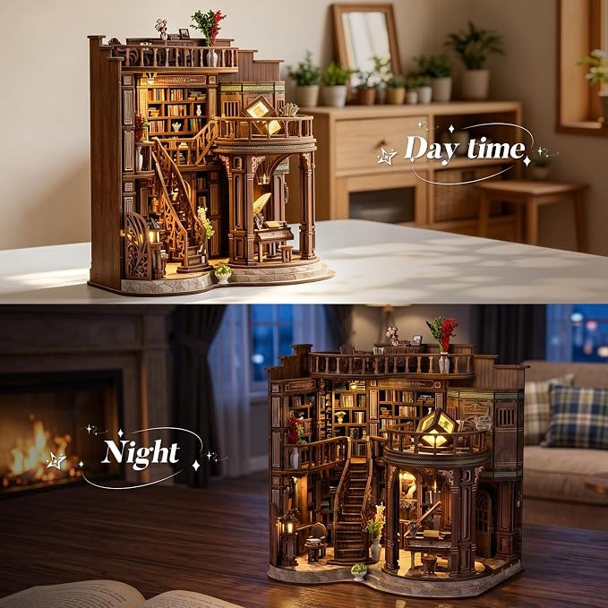 fifijoy DIY Miniature Dollhouse Kit - DIY Miniature House Kit with LED Lights, 3D Wooden Puzzle Library Bookshelf Decor for Adults, Creative Gift for Family, Friends (Dreamy Book Hall)