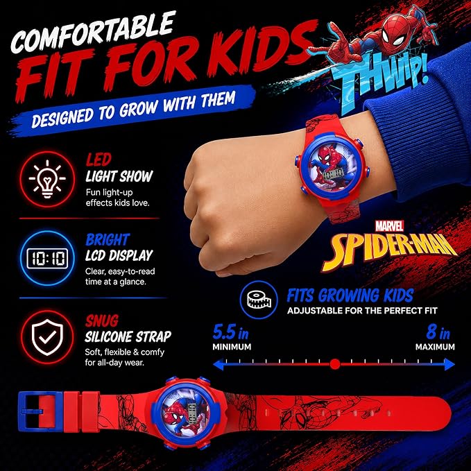 Marvel Spider-Man Kids Watches – Digital Display, Interactive Features, Adjustable Strap, Vibrant Spider-Man Graphics, Durable for Active Kids