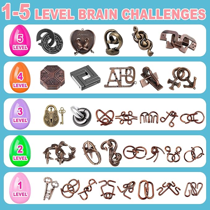 32 Pack Brain Teaser Puzzles & Colorful Easter Eggs - Challenging Metal Wire Puzzles for Kids & Adults - DIY Easter Basket Stuffers, Family Logic Games, Party Favors